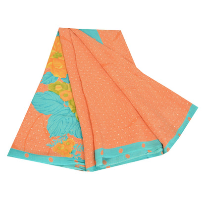 Sanskriti Vintage Sarees Orange Pure Crepe Silk Printed Sari 5yd Craft Sustainable Fabric