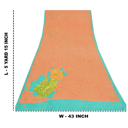 Sanskriti Vintage Sarees Orange Pure Crepe Silk Printed Sari 5yd Craft Sustainable Fabric