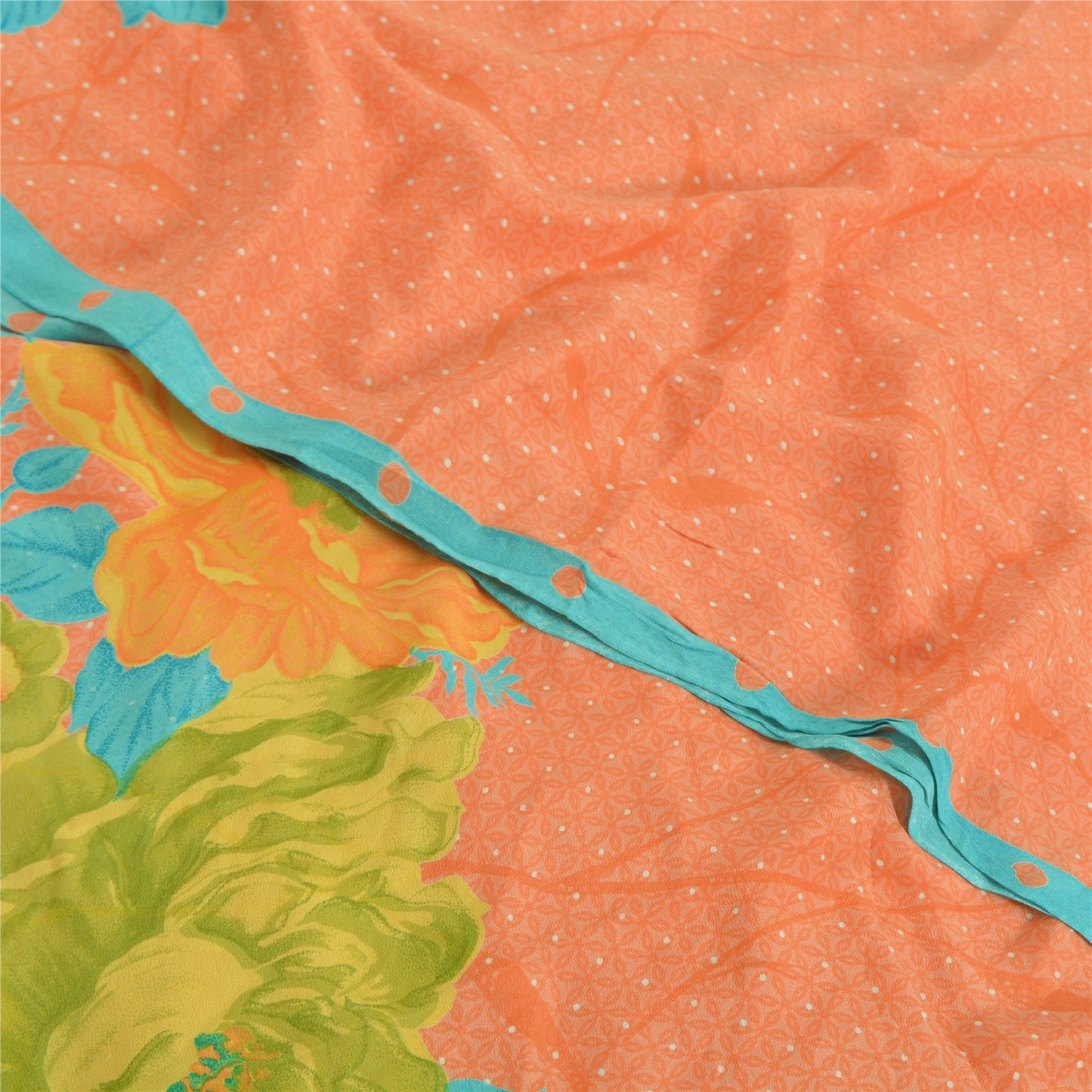 Sanskriti Vintage Sarees Orange Pure Crepe Silk Printed Sari 5yd Craft Sustainable Fabric