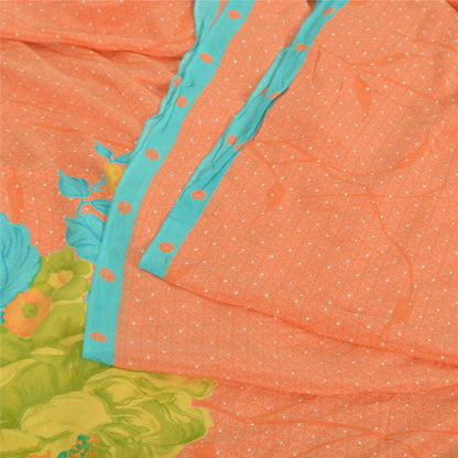 Sanskriti Vintage Sarees Orange Pure Crepe Silk Printed Sari 5yd Craft Sustainable Fabric