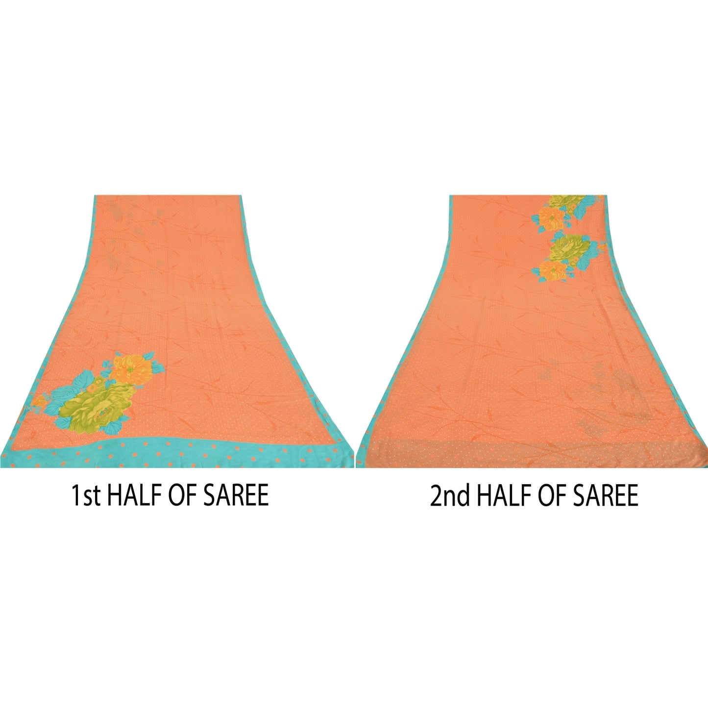 Sanskriti Vintage Sarees Orange Pure Crepe Silk Printed Sari 5yd Craft Sustainable Fabric