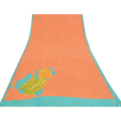 Sanskriti Vintage Sarees Orange Pure Crepe Silk Printed Sari 5yd Craft Sustainable Fabric