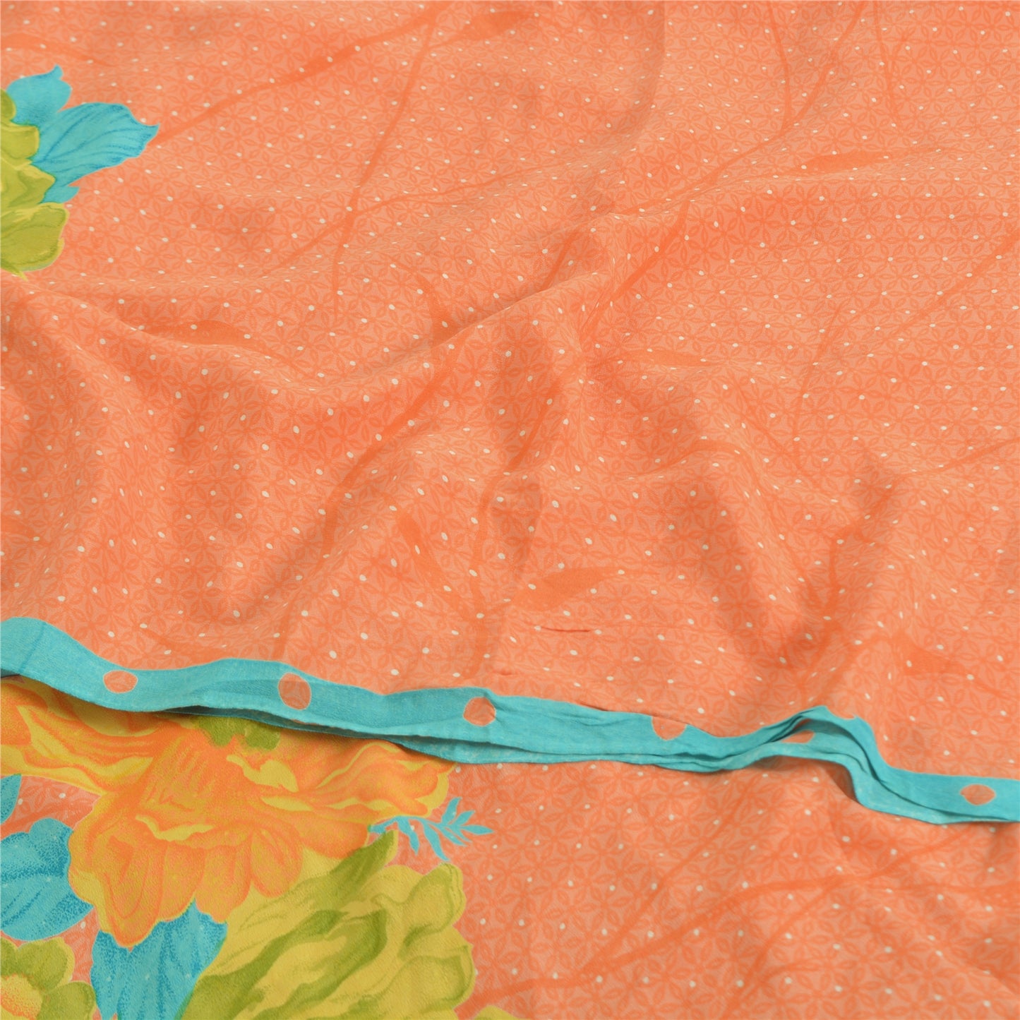 Sanskriti Vintage Sarees Orange Pure Crepe Silk Printed Sari 5yd Craft Sustainable Fabric