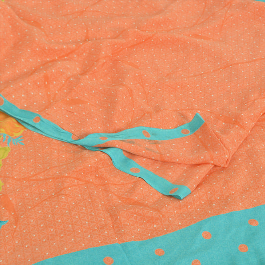 Sanskriti Vintage Sarees Orange Pure Crepe Silk Printed Sari 5yd Craft Sustainable Fabric