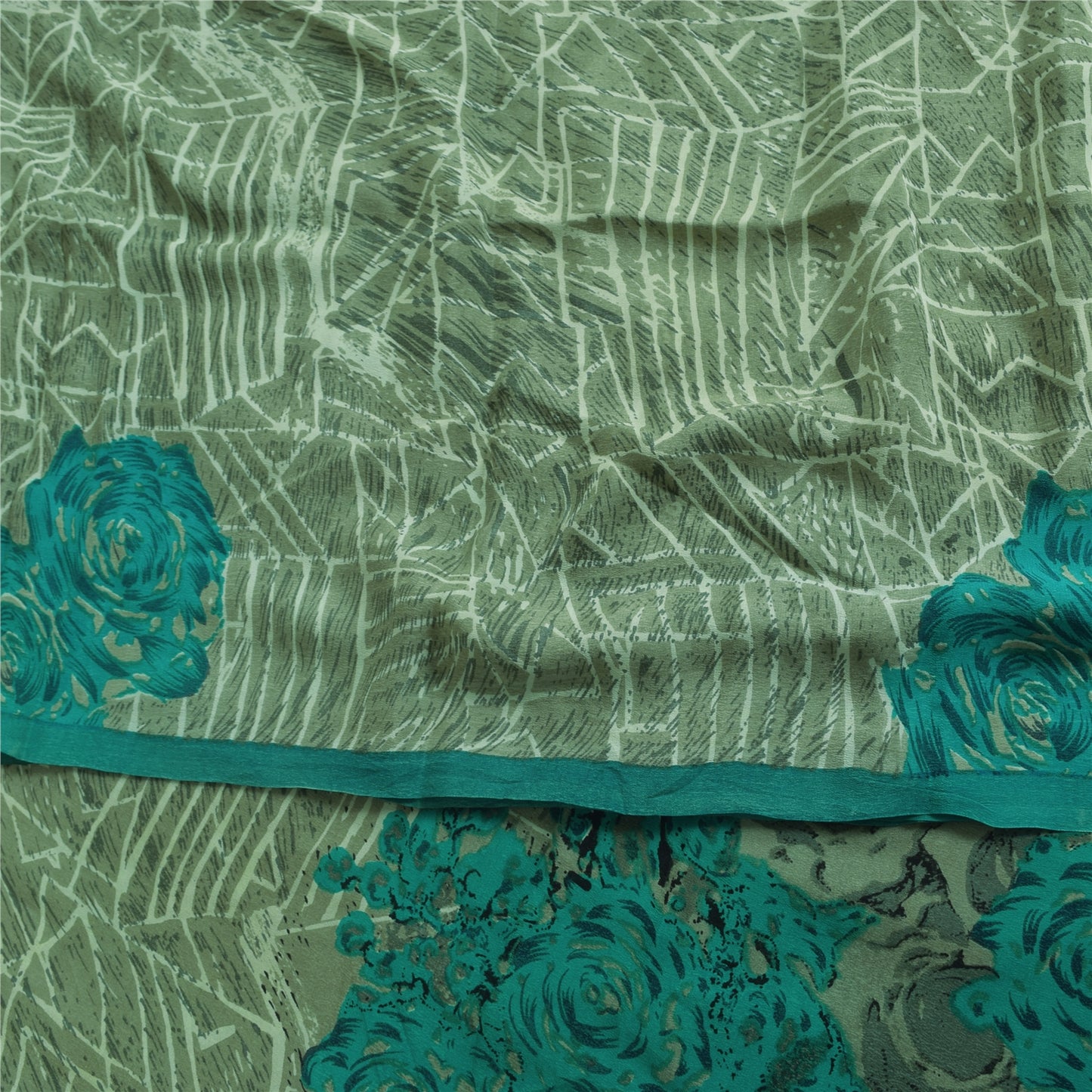 Sanskriti Vintage Sarees Green 100% Pure Crepe Printed Sari 5+yd Craft Sustainable Fabric