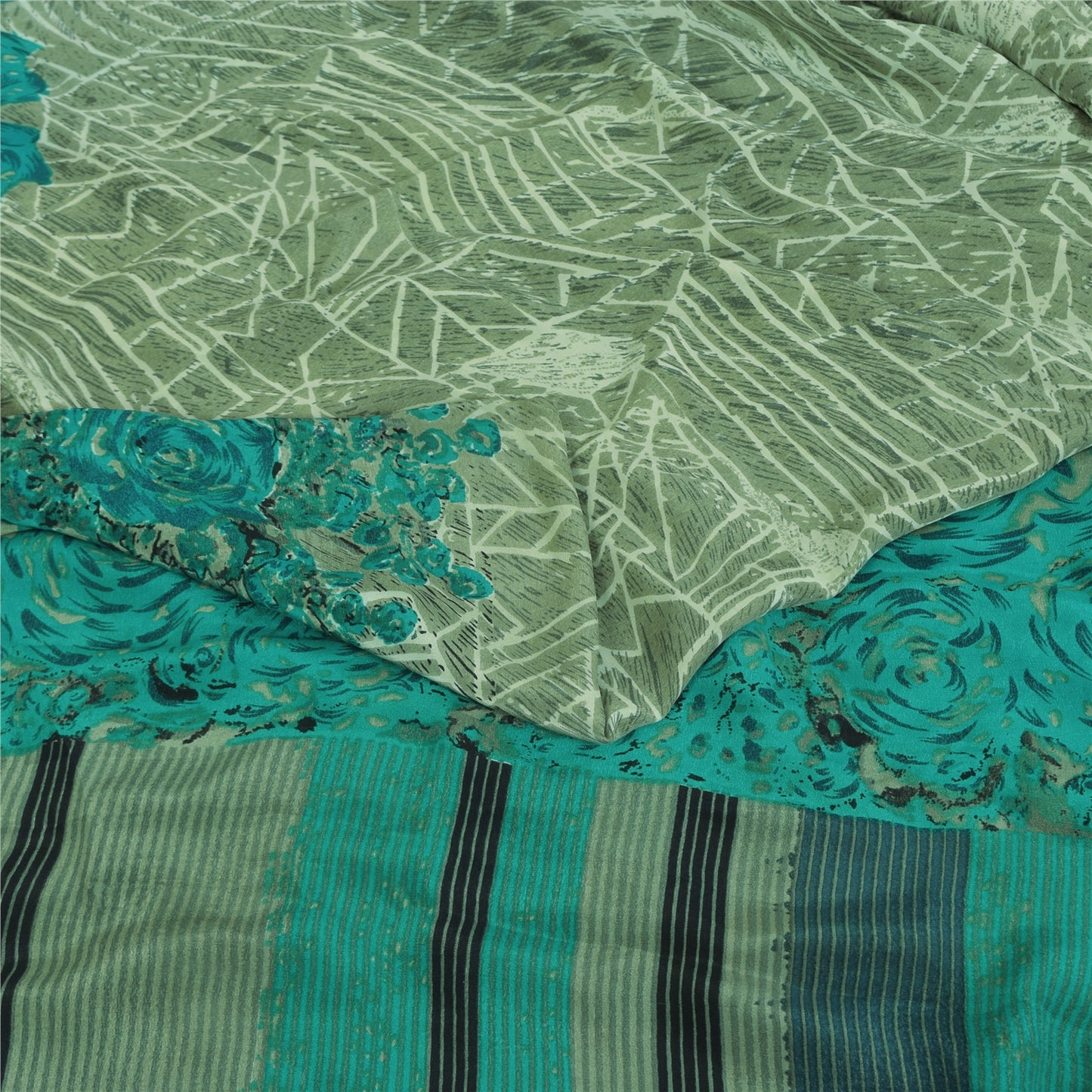 Sanskriti Vintage Sarees Green 100% Pure Crepe Printed Sari 5+yd Craft Sustainable Fabric