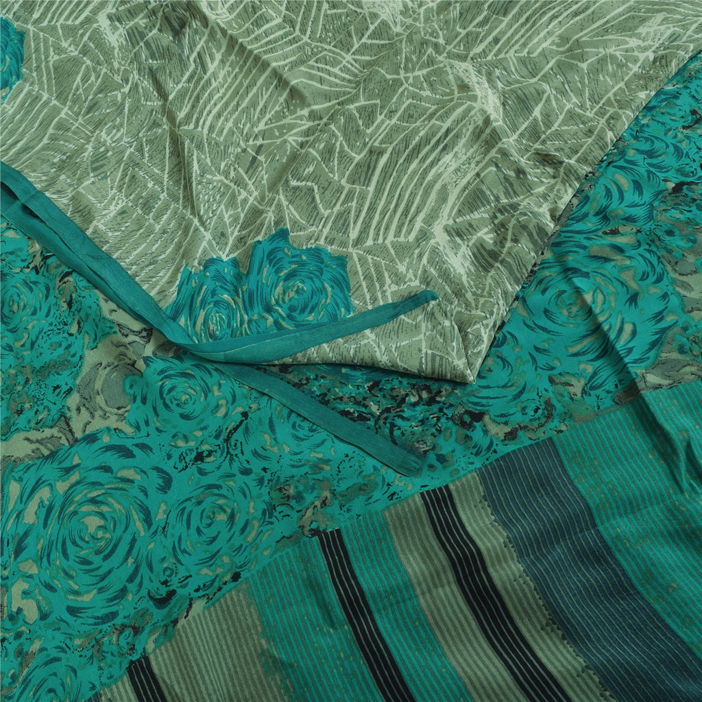 Sanskriti Vintage Sarees Green 100% Pure Crepe Printed Sari 5+yd Craft Sustainable Fabric