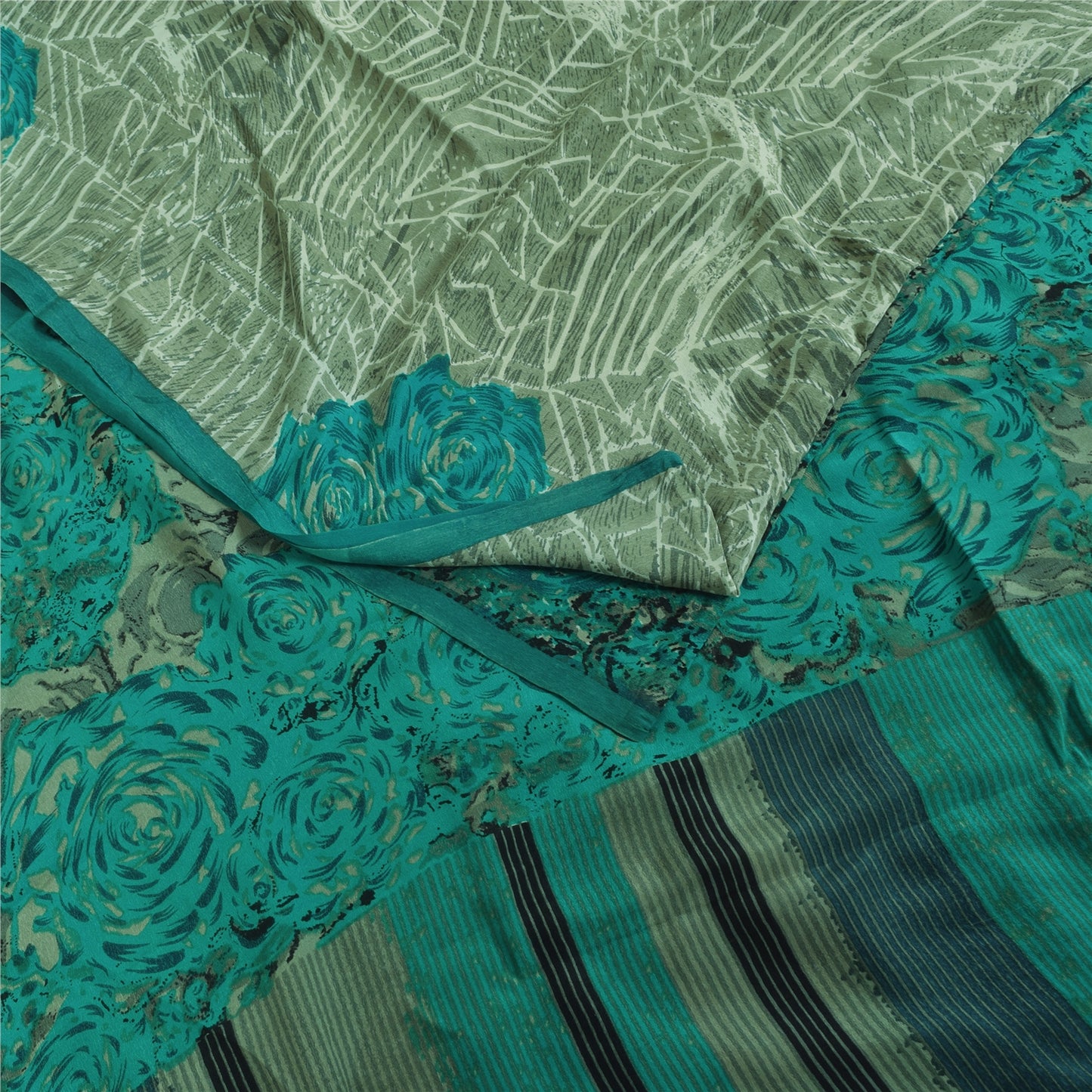 Sanskriti Vintage Sarees Green 100% Pure Crepe Printed Sari 5+yd Craft Sustainable Fabric
