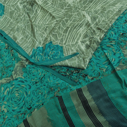Sanskriti Vintage Sarees Green 100% Pure Crepe Printed Sari 5+yd Craft Sustainable Fabric