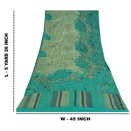 Sanskriti Vintage Sarees Green 100% Pure Crepe Printed Sari 5+yd Craft Sustainable Fabric