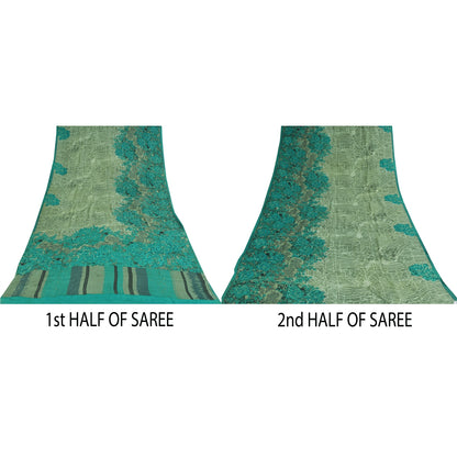 Sanskriti Vintage Sarees Green 100% Pure Crepe Printed Sari 5+yd Craft Sustainable Fabric