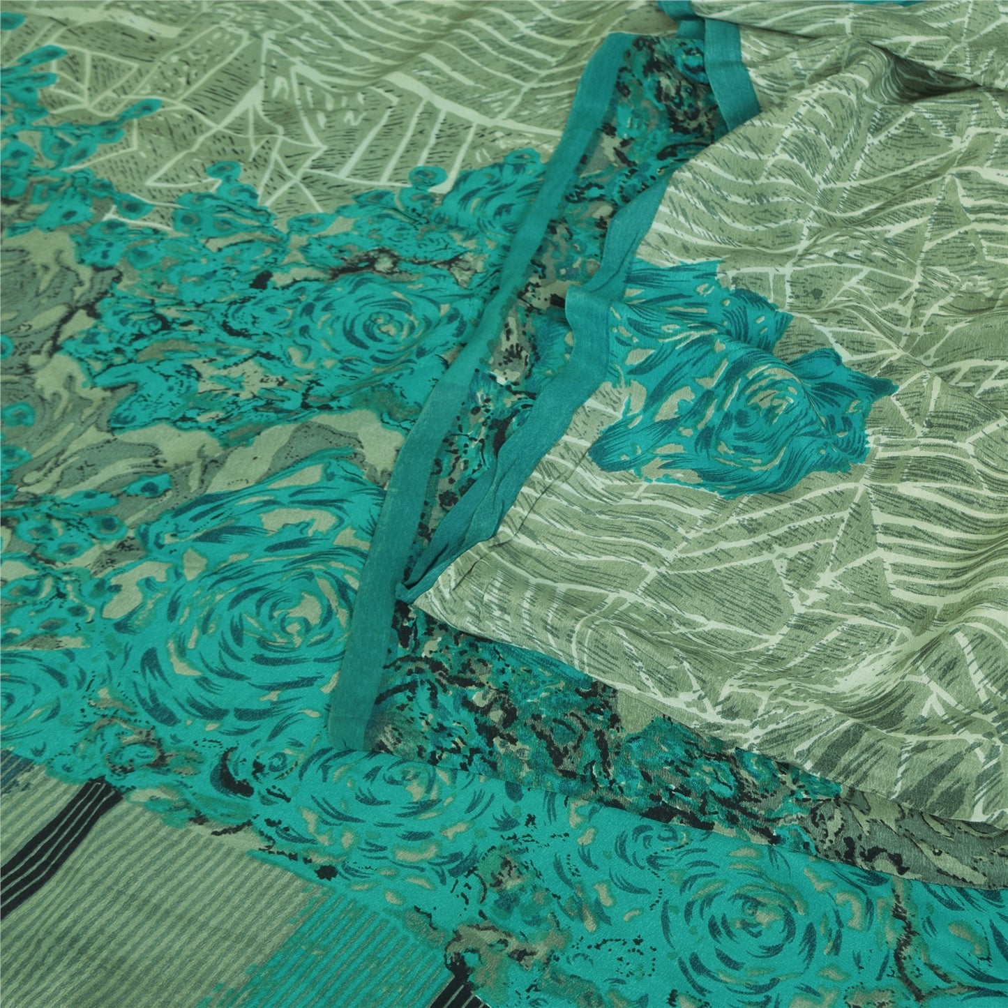 Sanskriti Vintage Sarees Green 100% Pure Crepe Printed Sari 5+yd Craft Sustainable Fabric