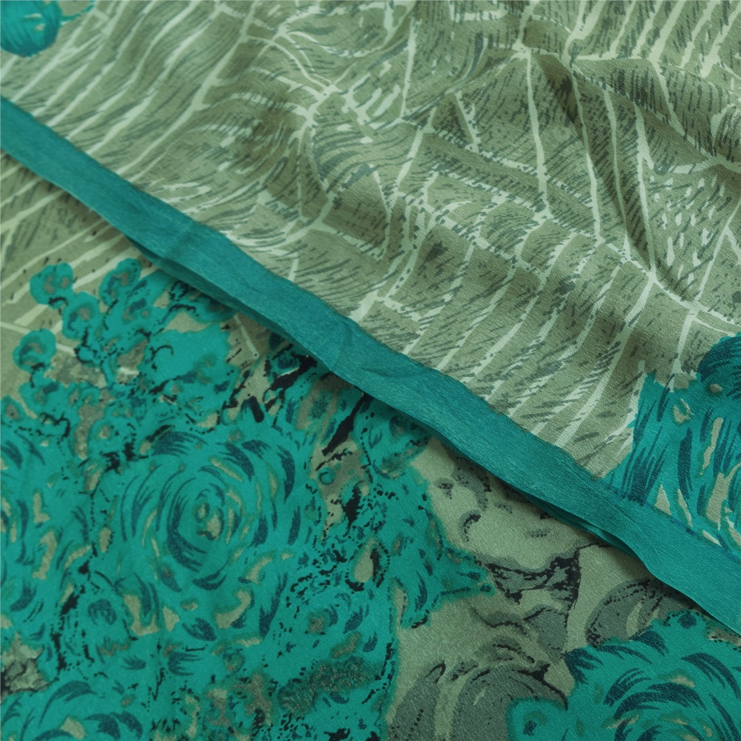 Sanskriti Vintage Sarees Green 100% Pure Crepe Printed Sari 5+yd Craft Sustainable Fabric