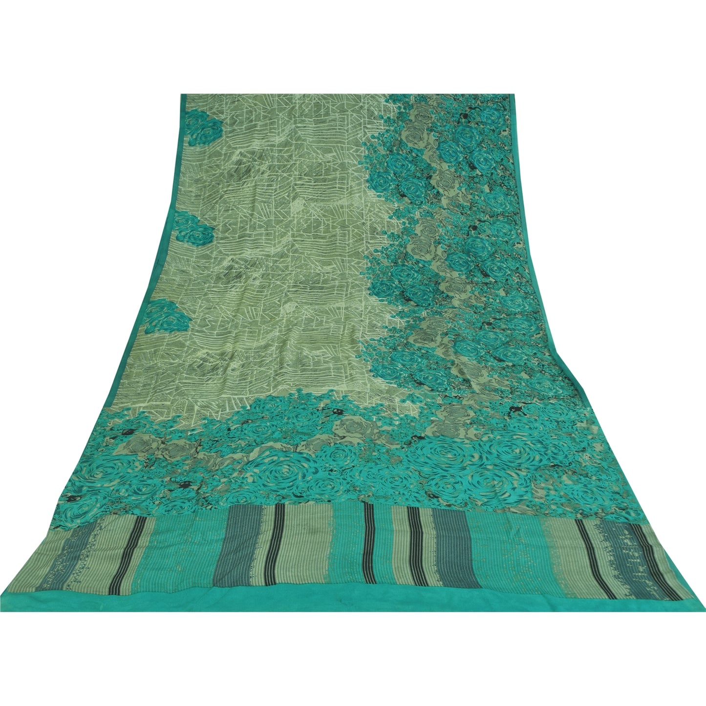 Sanskriti Vintage Sarees Green 100% Pure Crepe Printed Sari 5+yd Craft Sustainable Fabric