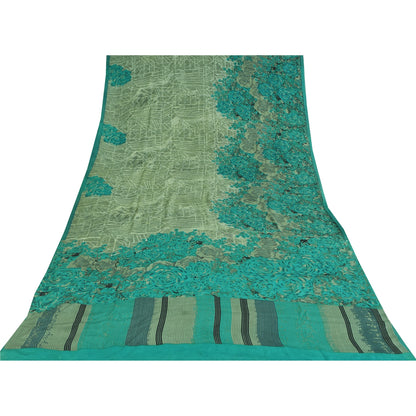 Sanskriti Vintage Sarees Green 100% Pure Crepe Printed Sari 5+yd Craft Sustainable Fabric