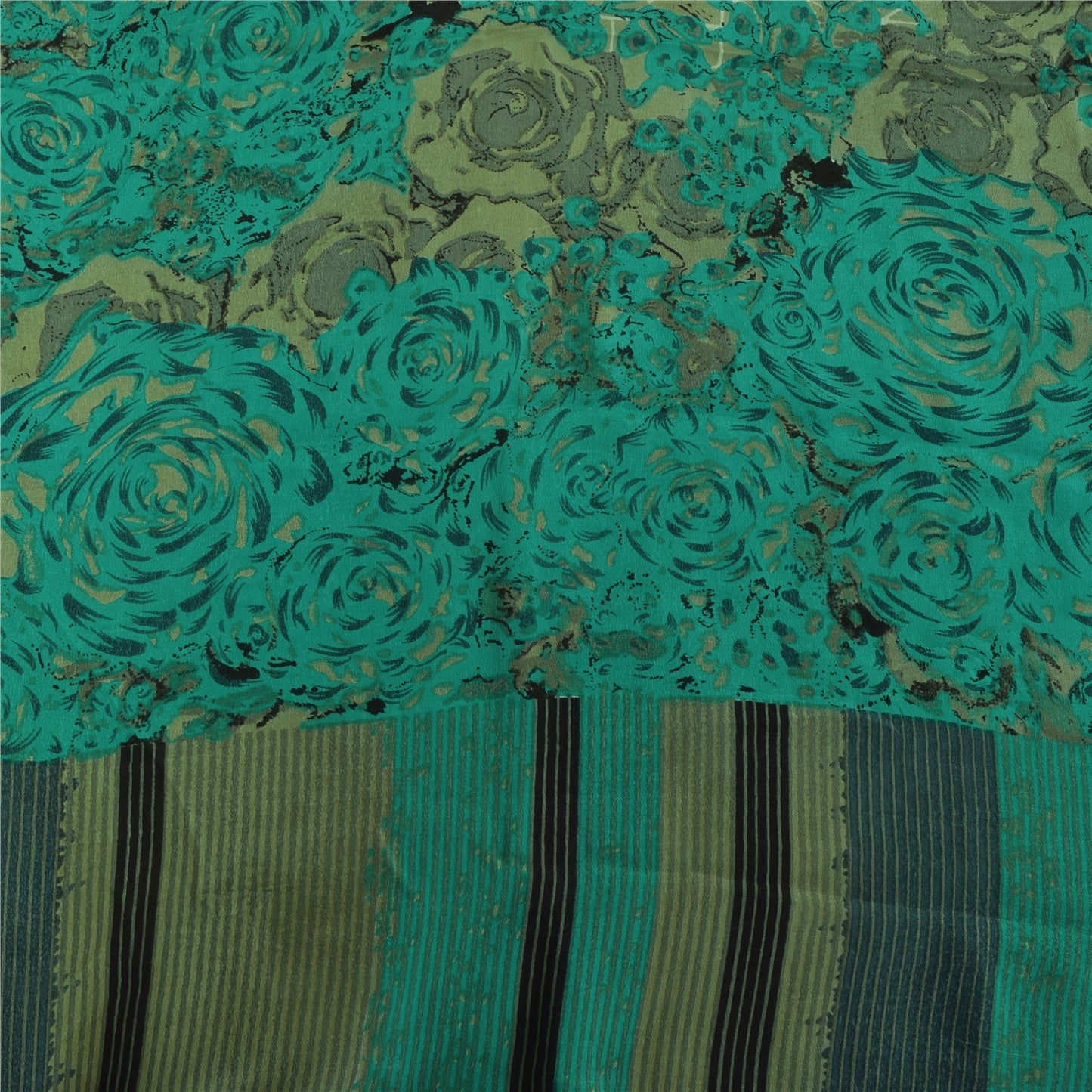 Sanskriti Vintage Sarees Green 100% Pure Crepe Printed Sari 5+yd Craft Sustainable Fabric