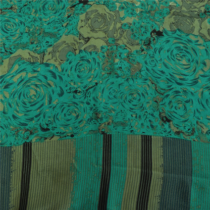 Sanskriti Vintage Sarees Green 100% Pure Crepe Printed Sari 5+yd Craft Sustainable Fabric