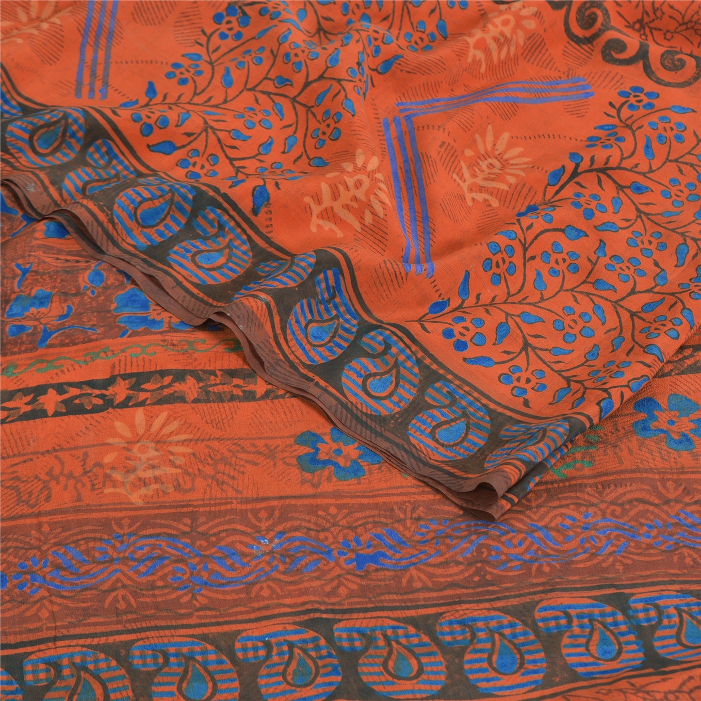 Sanskriti Vintage Sarees Orange Pure Crepe Silk Printed Sari 5yd Craft Sustainable Fabric