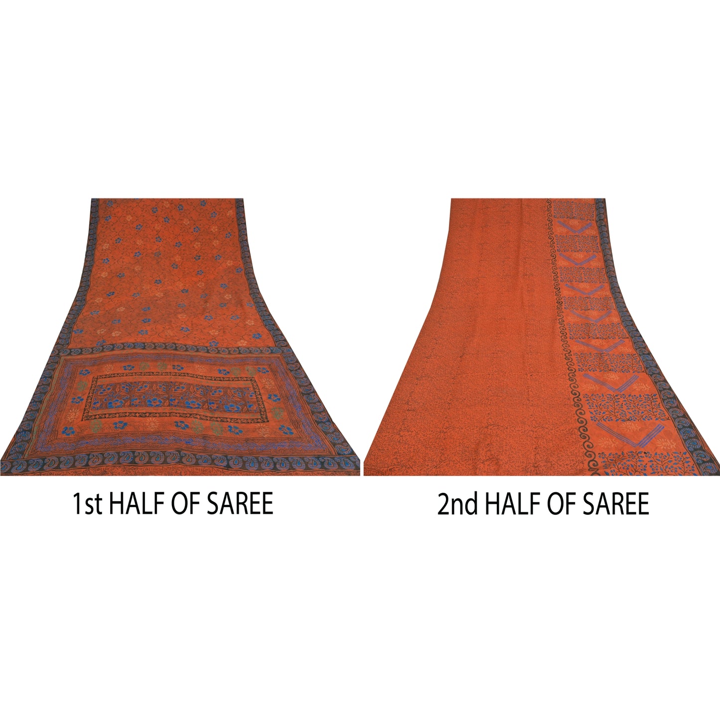 Sanskriti Vintage Sarees Orange Pure Crepe Silk Printed Sari 5yd Craft Sustainable Fabric