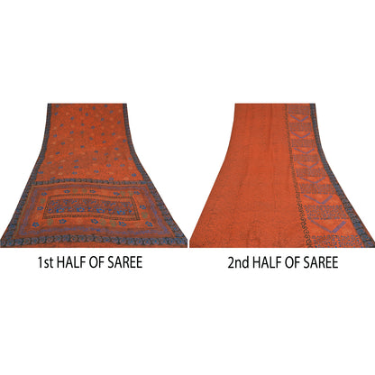 Sanskriti Vintage Sarees Orange Pure Crepe Silk Printed Sari 5yd Craft Sustainable Fabric