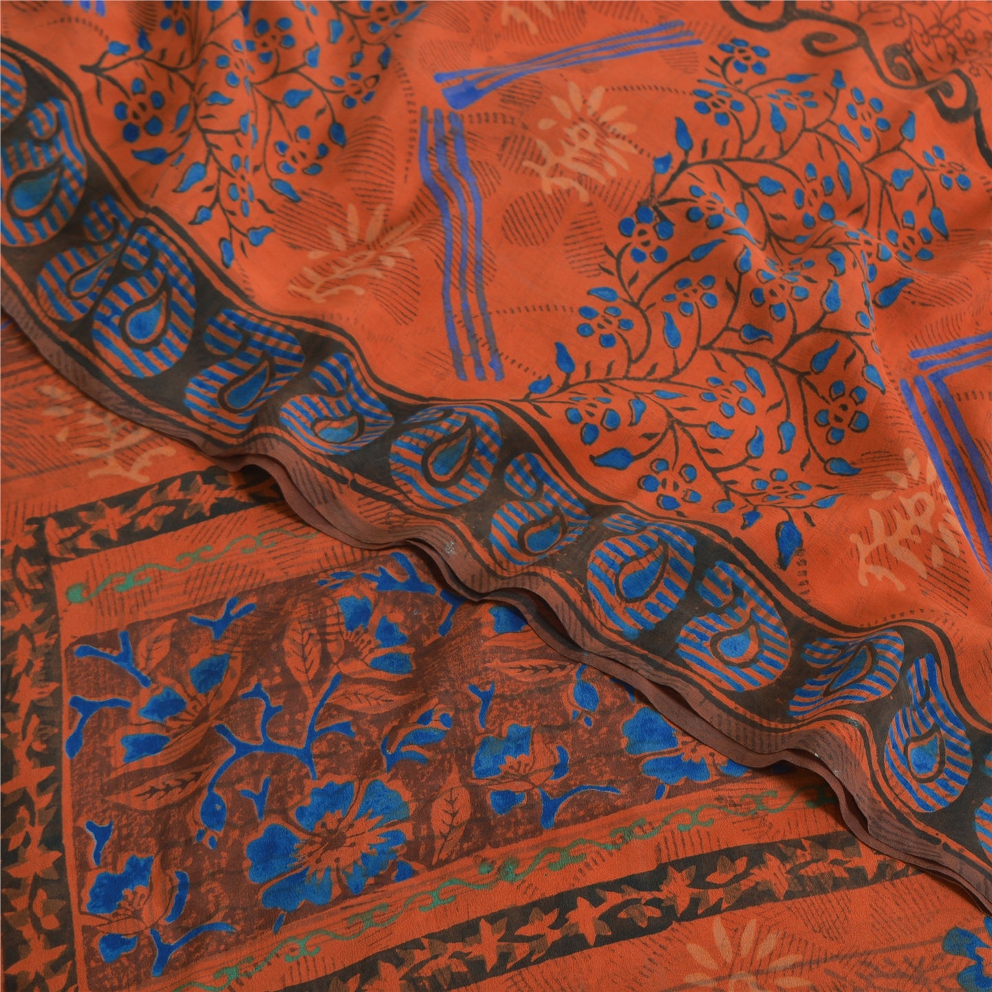 Sanskriti Vintage Sarees Orange Pure Crepe Silk Printed Sari 5yd Craft Sustainable Fabric