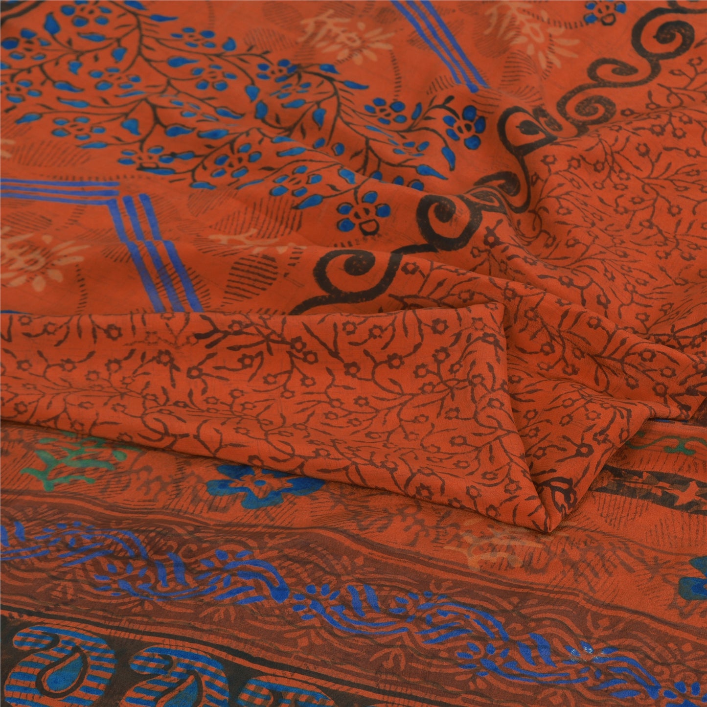 Sanskriti Vintage Sarees Orange Pure Crepe Silk Printed Sari 5yd Craft Sustainable Fabric