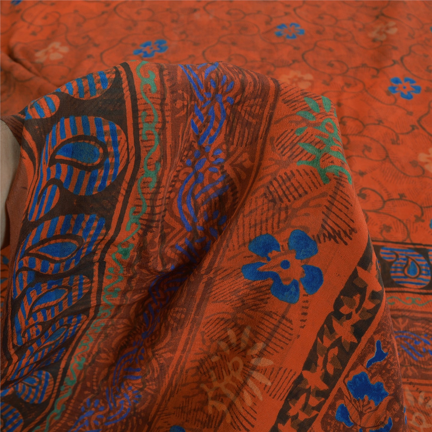 Sanskriti Vintage Sarees Orange Pure Crepe Silk Printed Sari 5yd Craft Sustainable Fabric