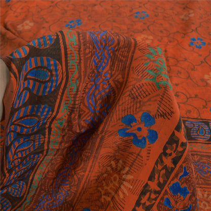 Sanskriti Vintage Sarees Orange Pure Crepe Silk Printed Sari 5yd Craft Sustainable Fabric