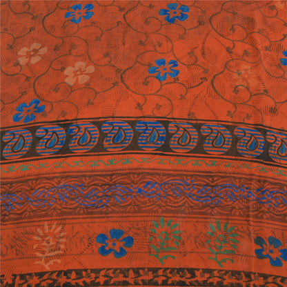 Sanskriti Vintage Sarees Orange Pure Crepe Silk Printed Sari 5yd Craft Sustainable Fabric