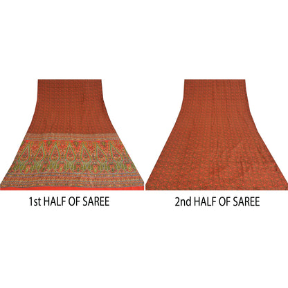 Sanskriti Vintage Sarees Orange/Green Pure Crepe Printed Sari 5yd Craft Sustainable Fabric