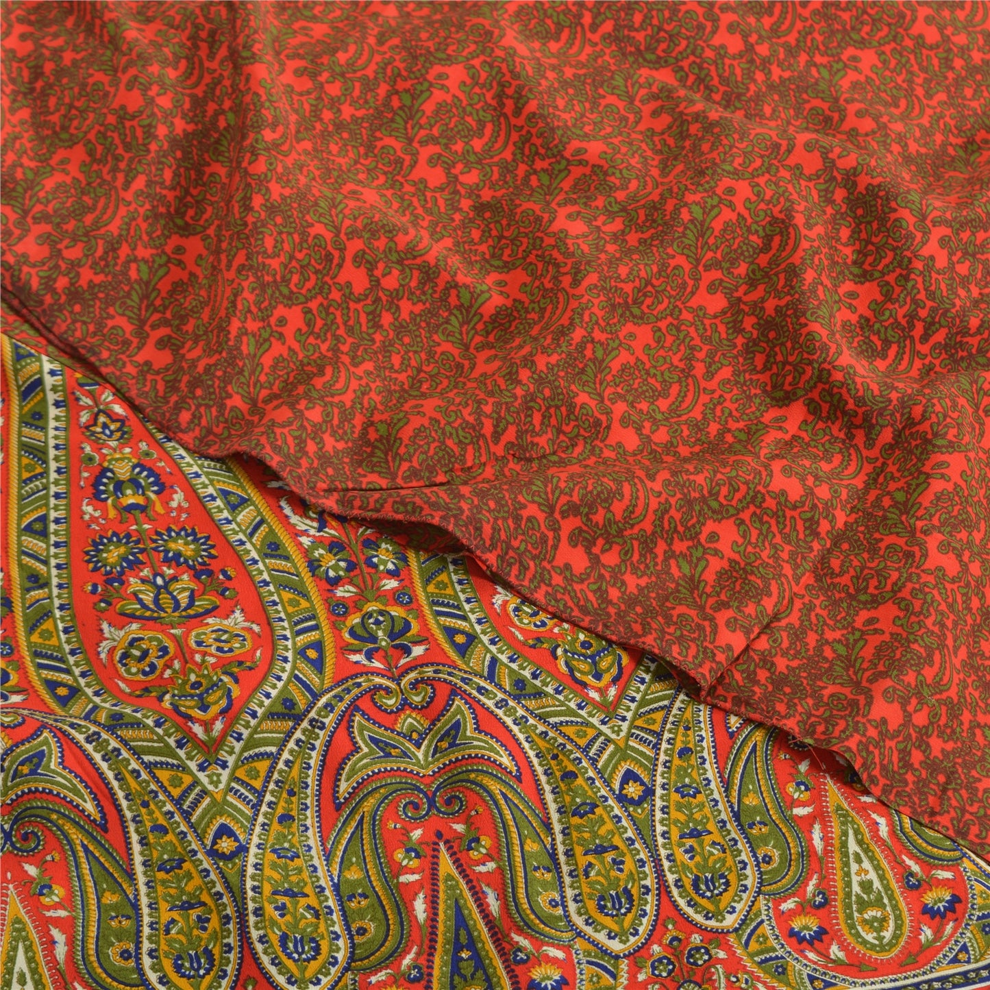 Sanskriti Vintage Sarees Orange/Green Pure Crepe Printed Sari 5yd Craft Sustainable Fabric