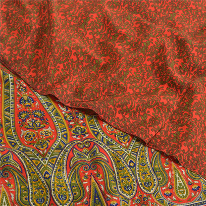 Sanskriti Vintage Sarees Orange/Green Pure Crepe Printed Sari 5yd Craft Sustainable Fabric