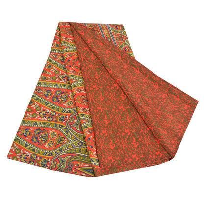 Sanskriti Vintage Sarees Orange/Green Pure Crepe Printed Sari 5yd Craft Sustainable Fabric