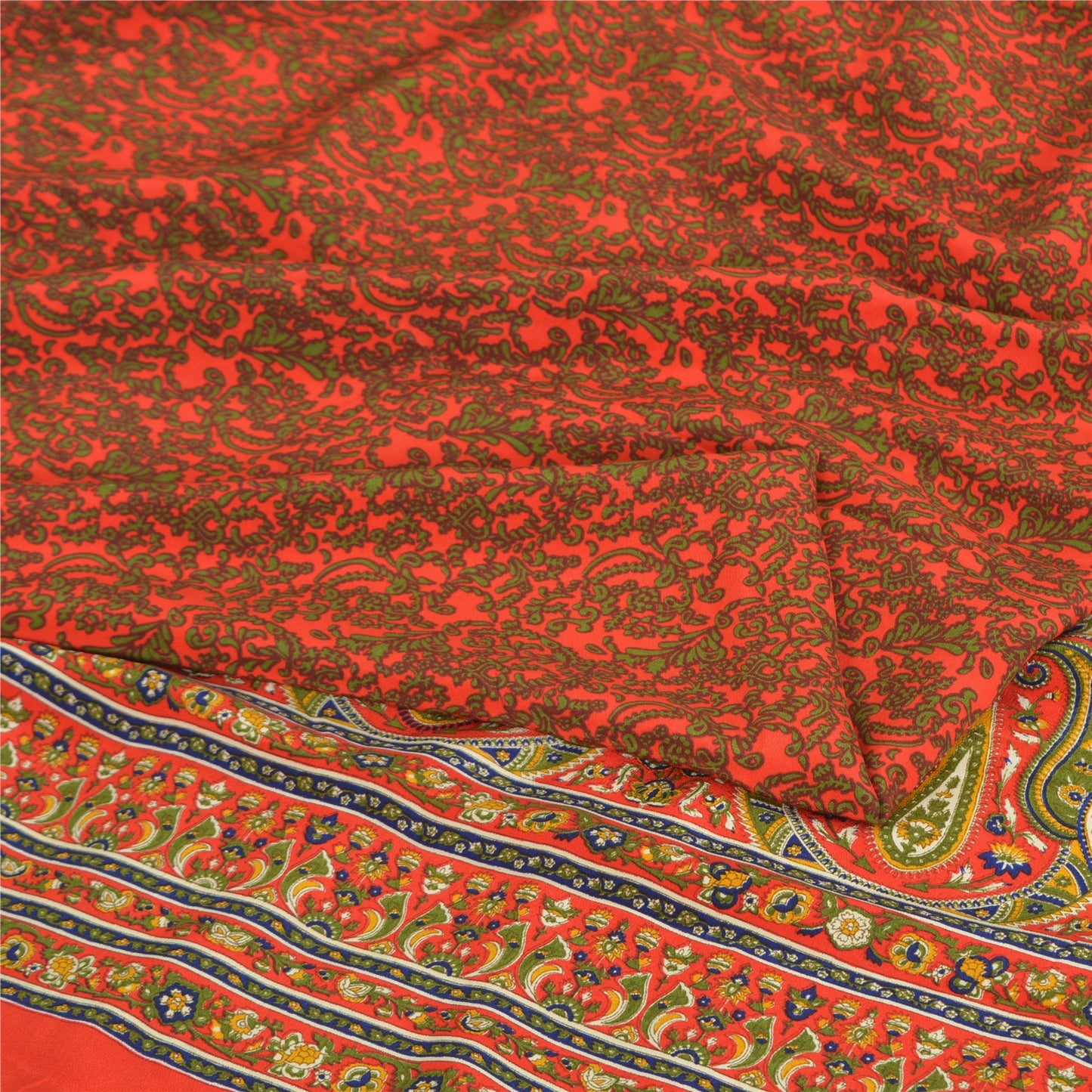 Sanskriti Vintage Sarees Orange/Green Pure Crepe Printed Sari 5yd Craft Sustainable Fabric