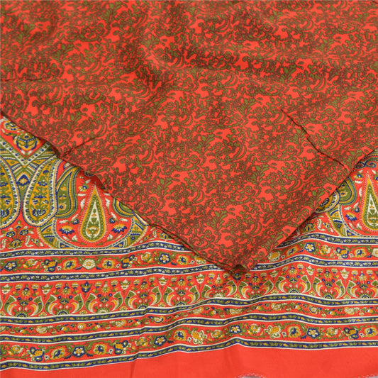 Sanskriti Vintage Sarees Orange/Green Pure Crepe Printed Sari 5yd Craft Sustainable Fabric