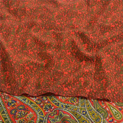 Sanskriti Vintage Sarees Orange/Green Pure Crepe Printed Sari 5yd Craft Sustainable Fabric