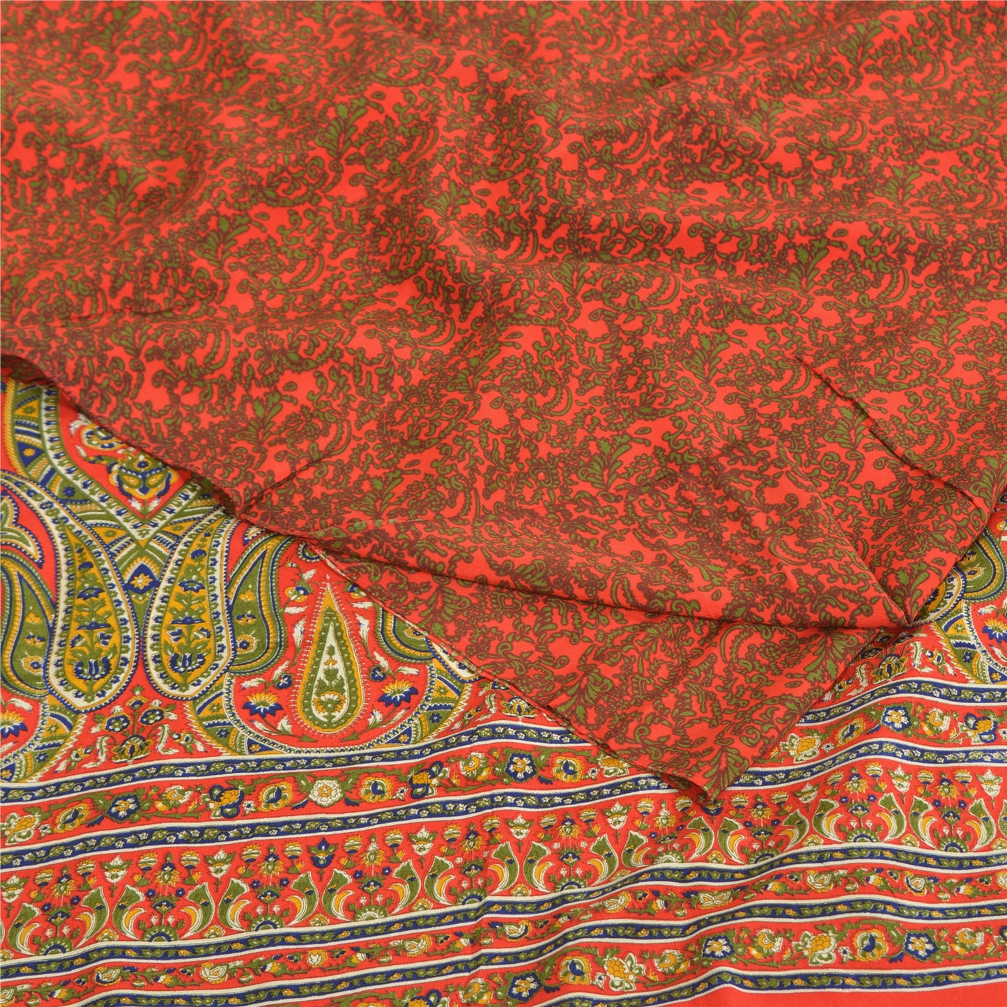 Sanskriti Vintage Sarees Orange/Green Pure Crepe Printed Sari 5yd Craft Sustainable Fabric