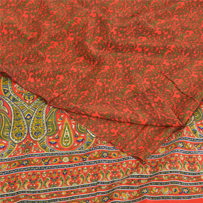 Sanskriti Vintage Sarees Orange/Green Pure Crepe Printed Sari 5yd Craft Sustainable Fabric