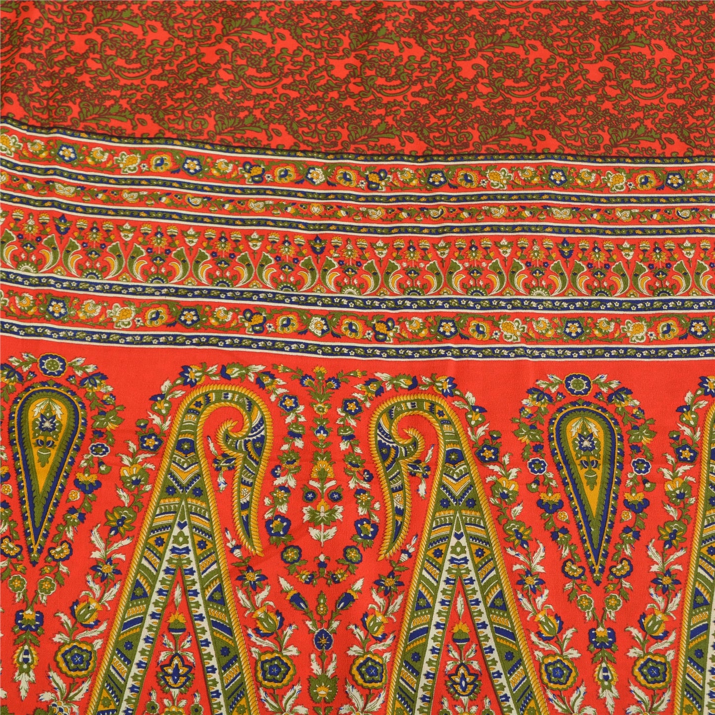 Sanskriti Vintage Sarees Orange/Green Pure Crepe Printed Sari 5yd Craft Sustainable Fabric