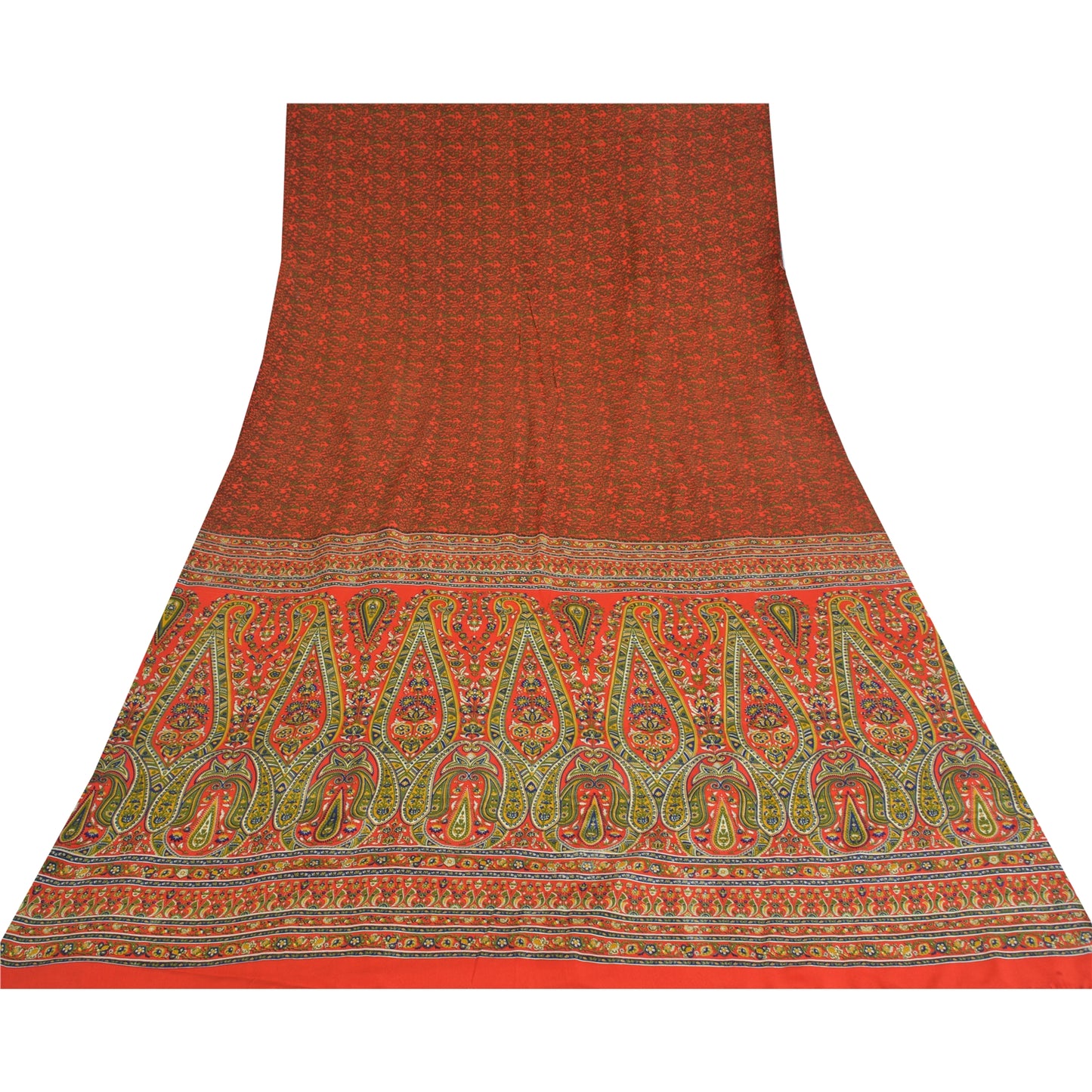 Sanskriti Vintage Sarees Orange/Green Pure Crepe Printed Sari 5yd Craft Sustainable Fabric