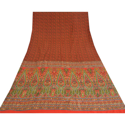 Sanskriti Vintage Sarees Orange/Green Pure Crepe Printed Sari 5yd Craft Sustainable Fabric