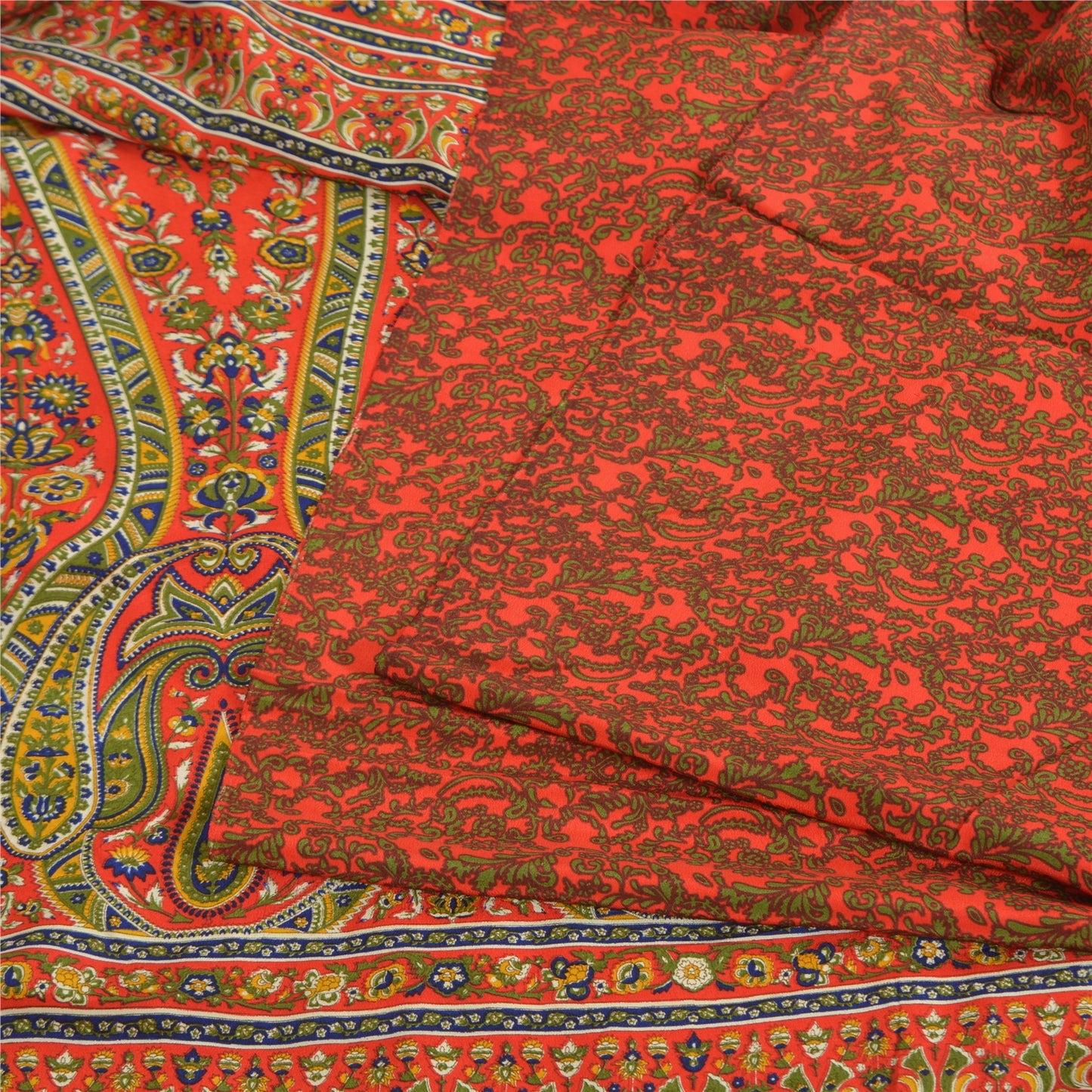 Sanskriti Vintage Sarees Orange/Green Pure Crepe Printed Sari 5yd Craft Sustainable Fabric