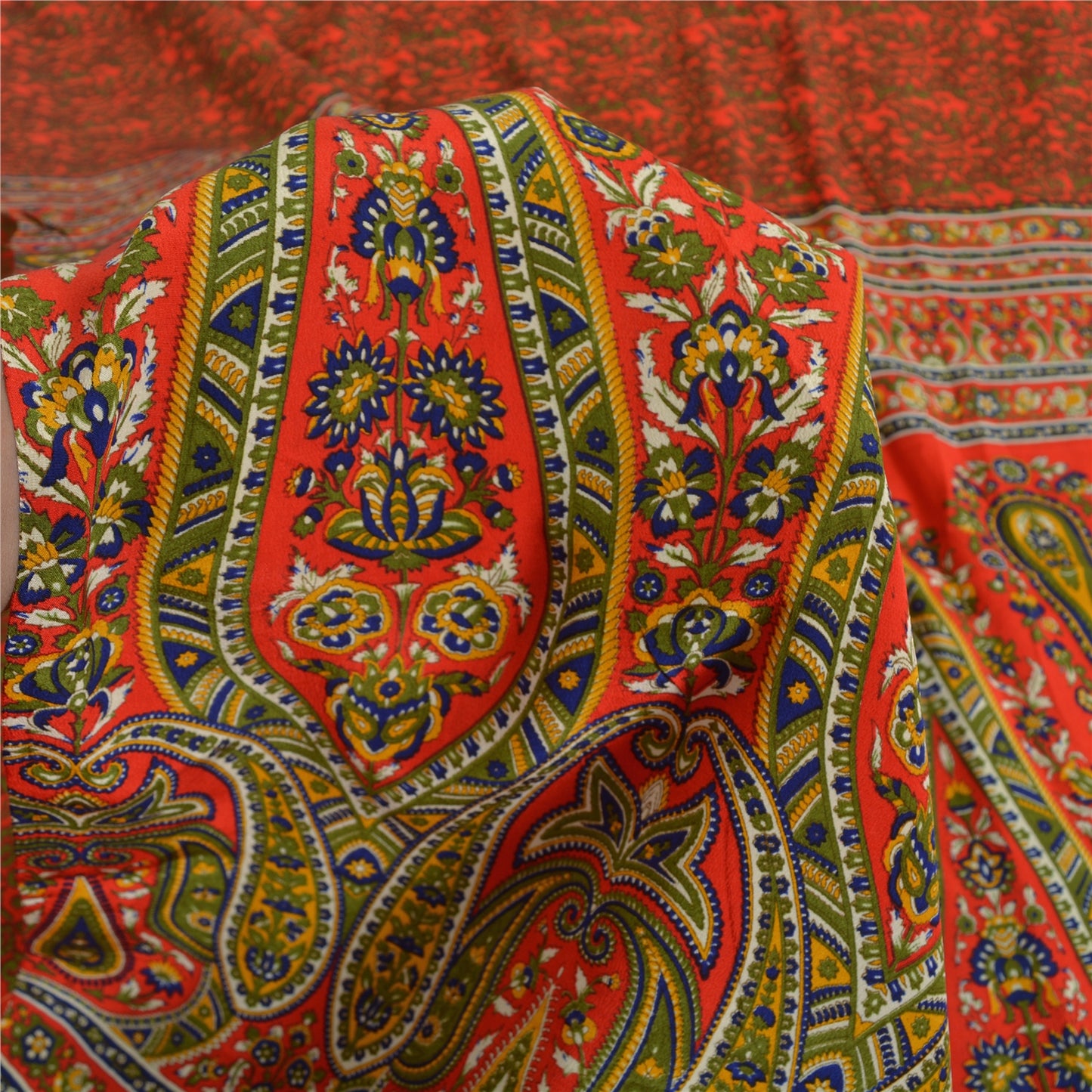 Sanskriti Vintage Sarees Orange/Green Pure Crepe Printed Sari 5yd Craft Sustainable Fabric