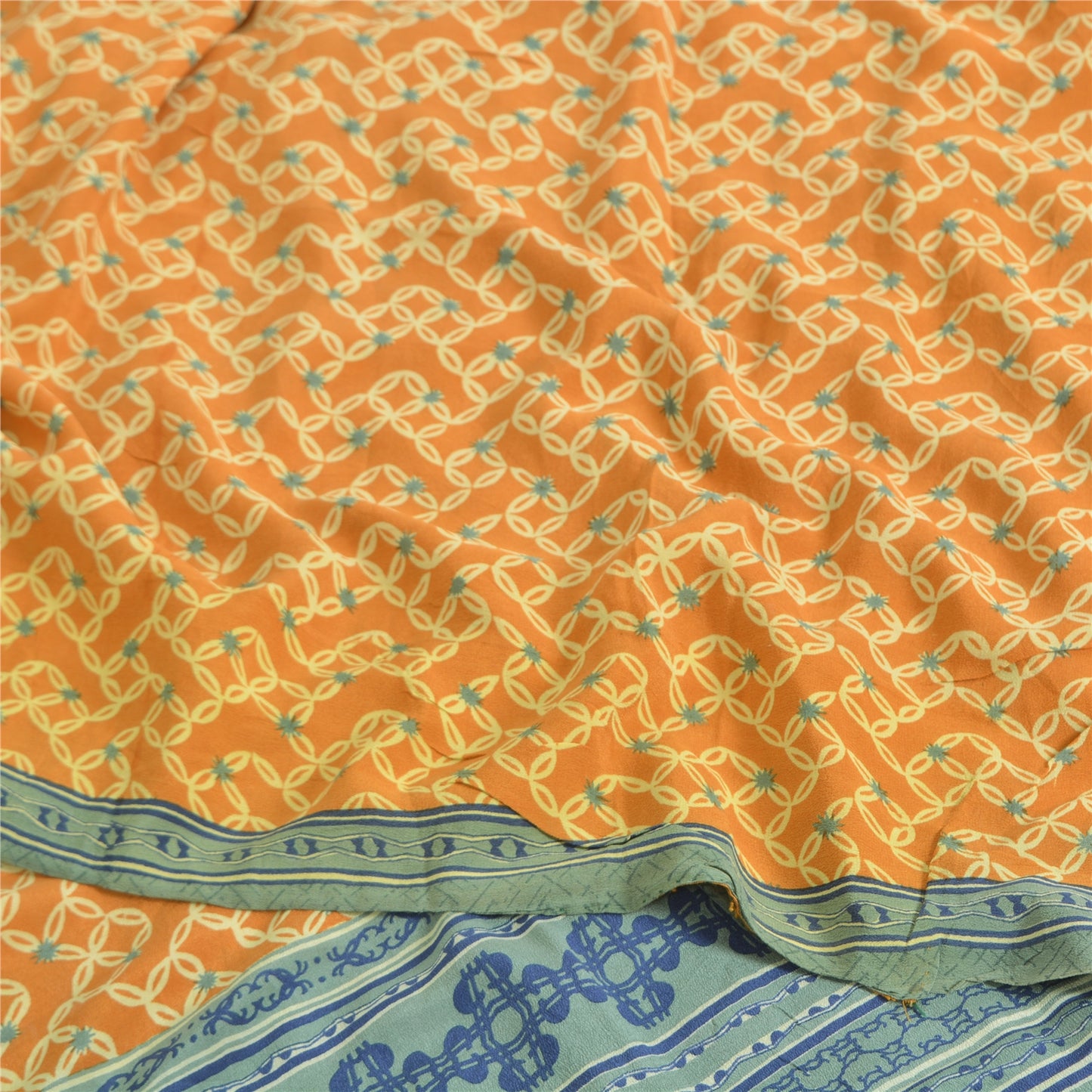 Sanskriti Vintage Sarees Mustard Pure Crepe Silk Printed Sari 5yd Craft Sustainable Fabric