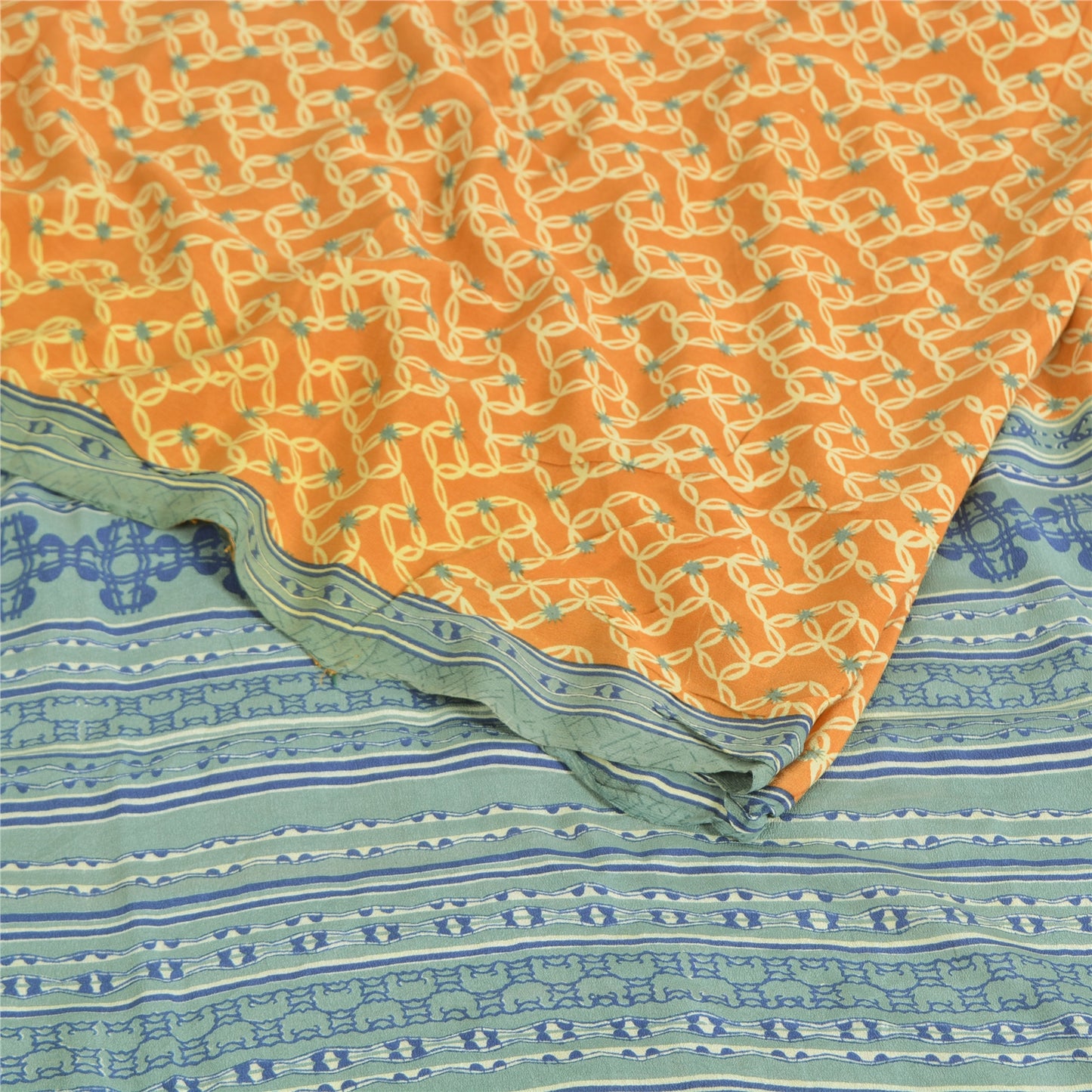 Sanskriti Vintage Sarees Mustard Pure Crepe Silk Printed Sari 5yd Craft Sustainable Fabric