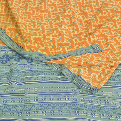 Sanskriti Vintage Sarees Mustard Pure Crepe Silk Printed Sari 5yd Craft Sustainable Fabric