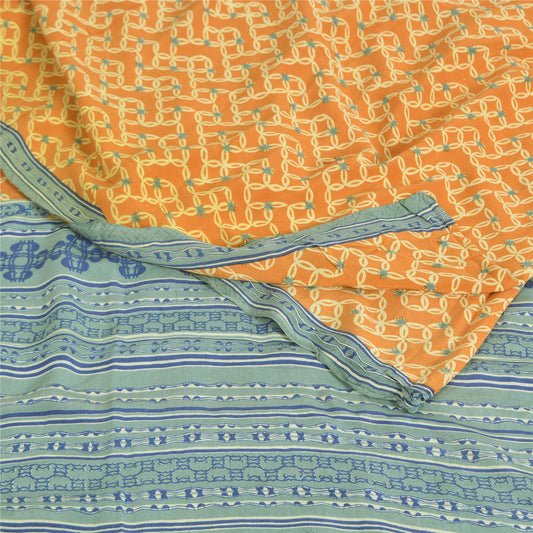 Sanskriti Vintage Sarees Mustard Pure Crepe Silk Printed Sari 5yd Craft Sustainable Fabric