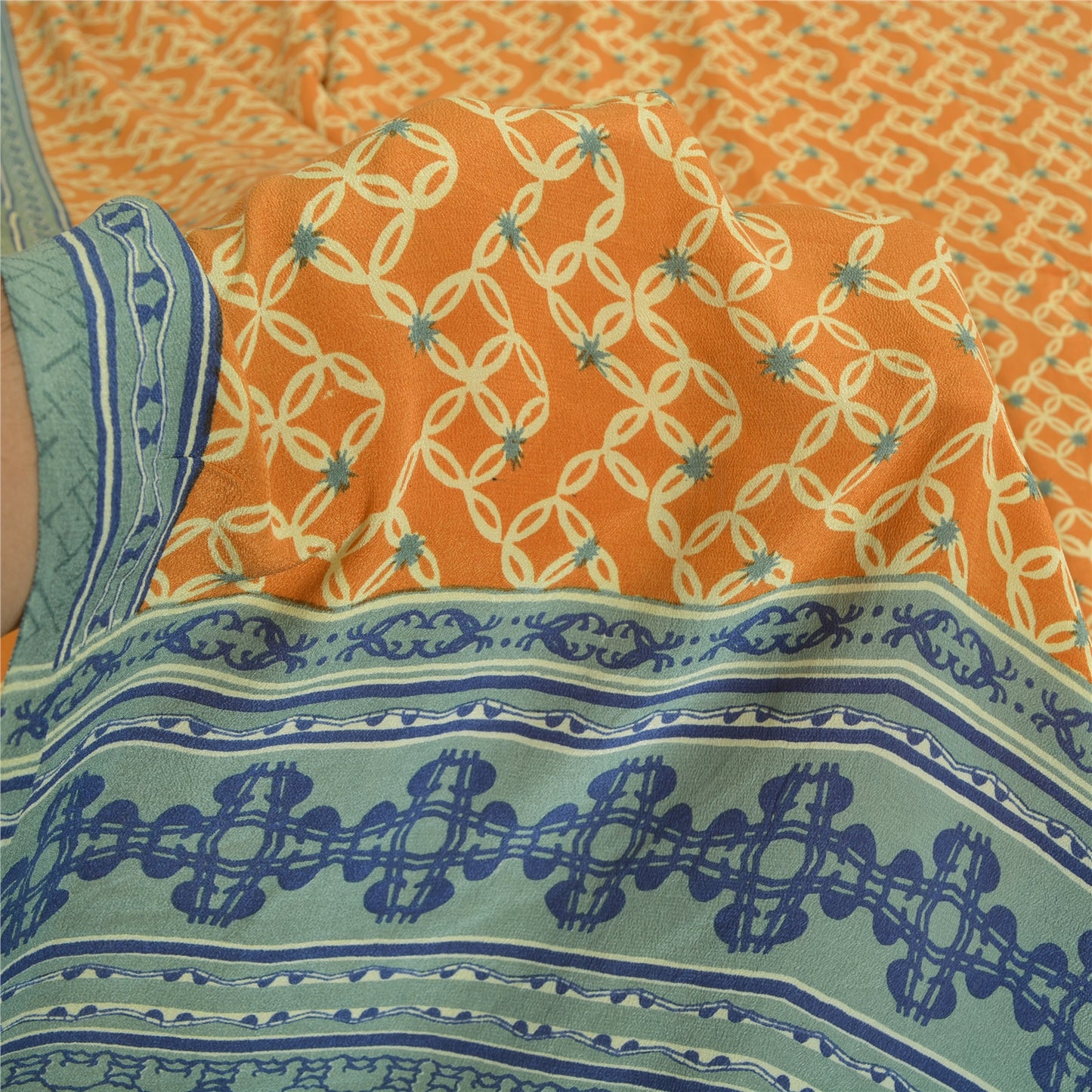 Sanskriti Vintage Sarees Mustard Pure Crepe Silk Printed Sari 5yd Craft Sustainable Fabric