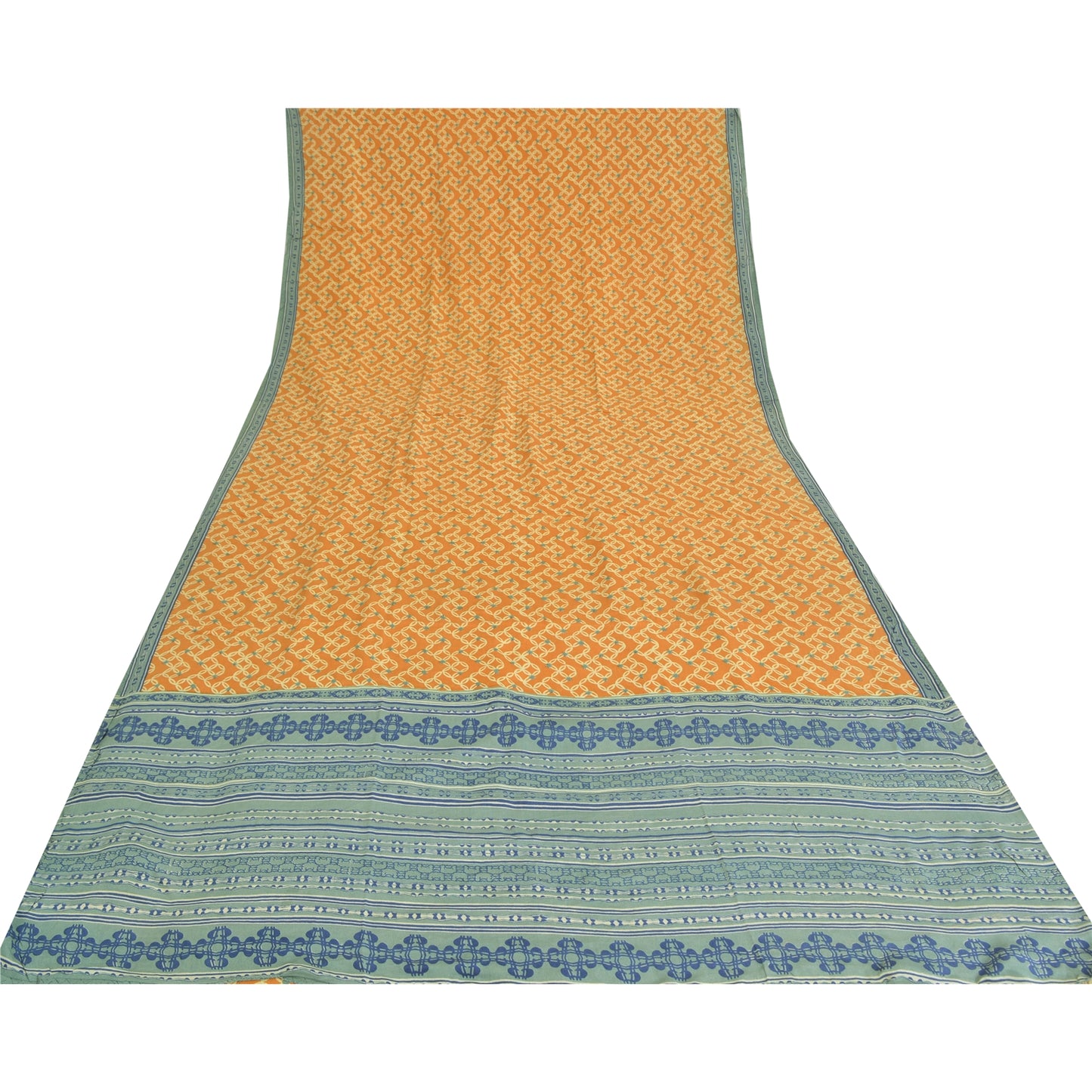 Sanskriti Vintage Sarees Mustard Pure Crepe Silk Printed Sari 5yd Craft Sustainable Fabric