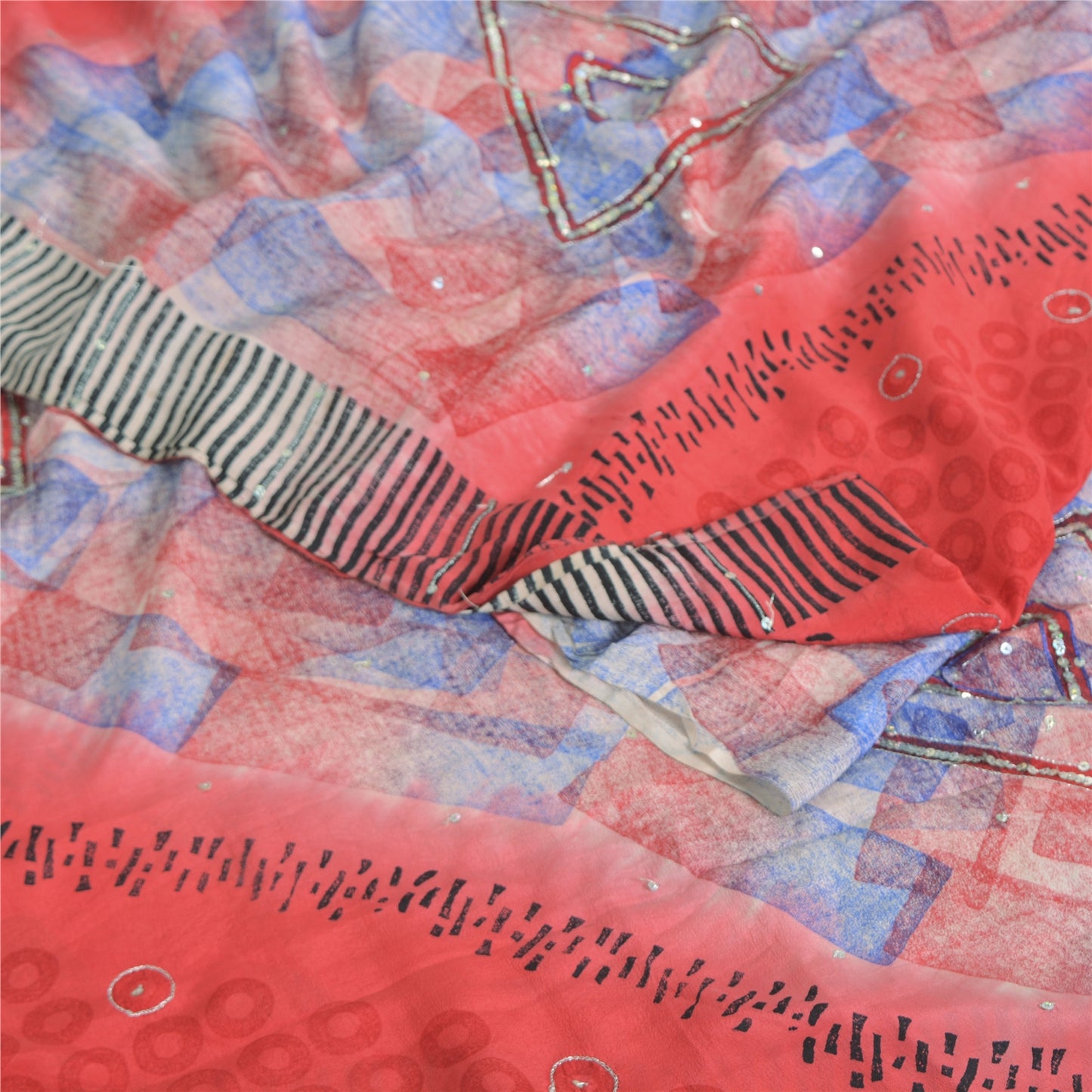 Sanskriti Vintage Sarees Red 100% Pure Crepe Silk Printed Sari 5yd Craft Sustainable Fabric